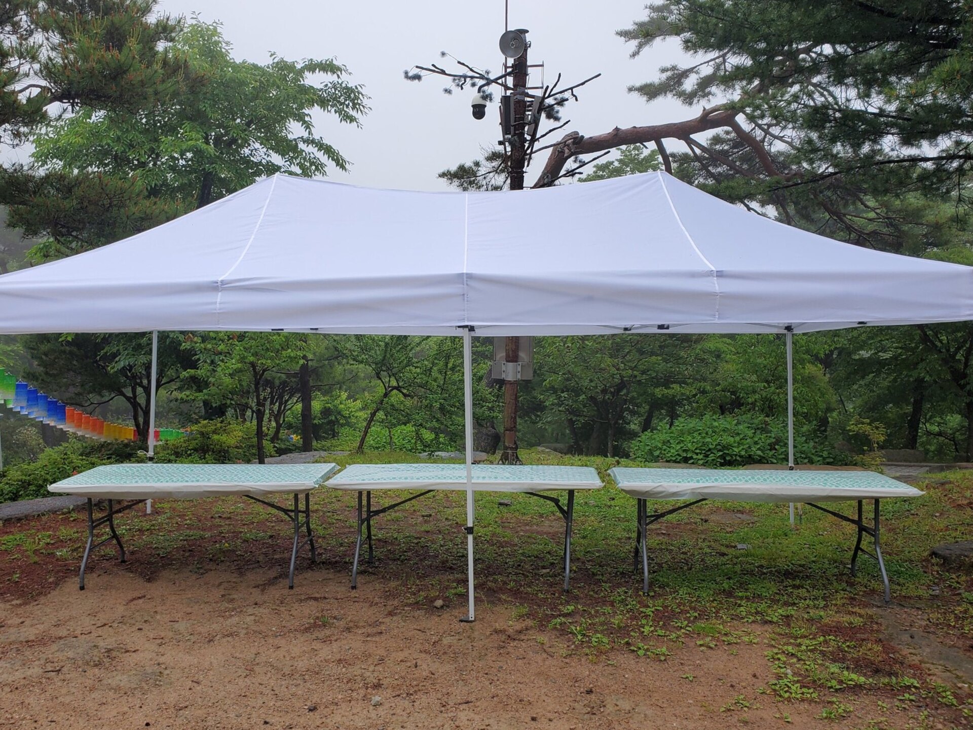 긴 테이블 세 개를 나란히 놓은 3m x 6m 캐노피 천막